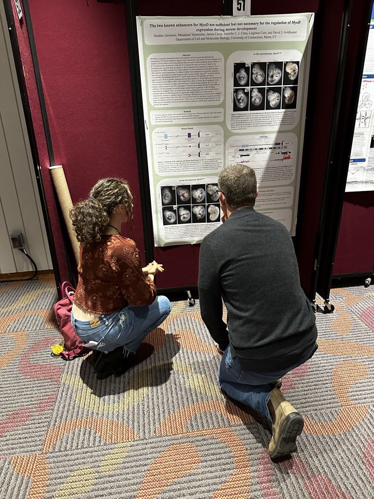 Heather presenting her poster to a prominent scientist at the NESDB conference
